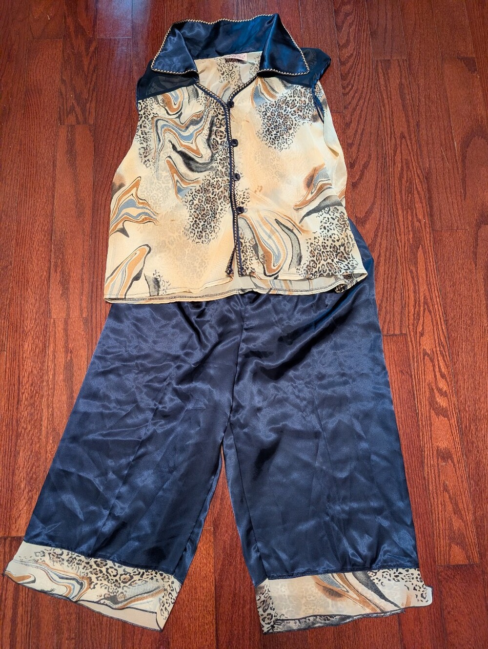 Chiraz Navy and Cream Satin Pajama Set